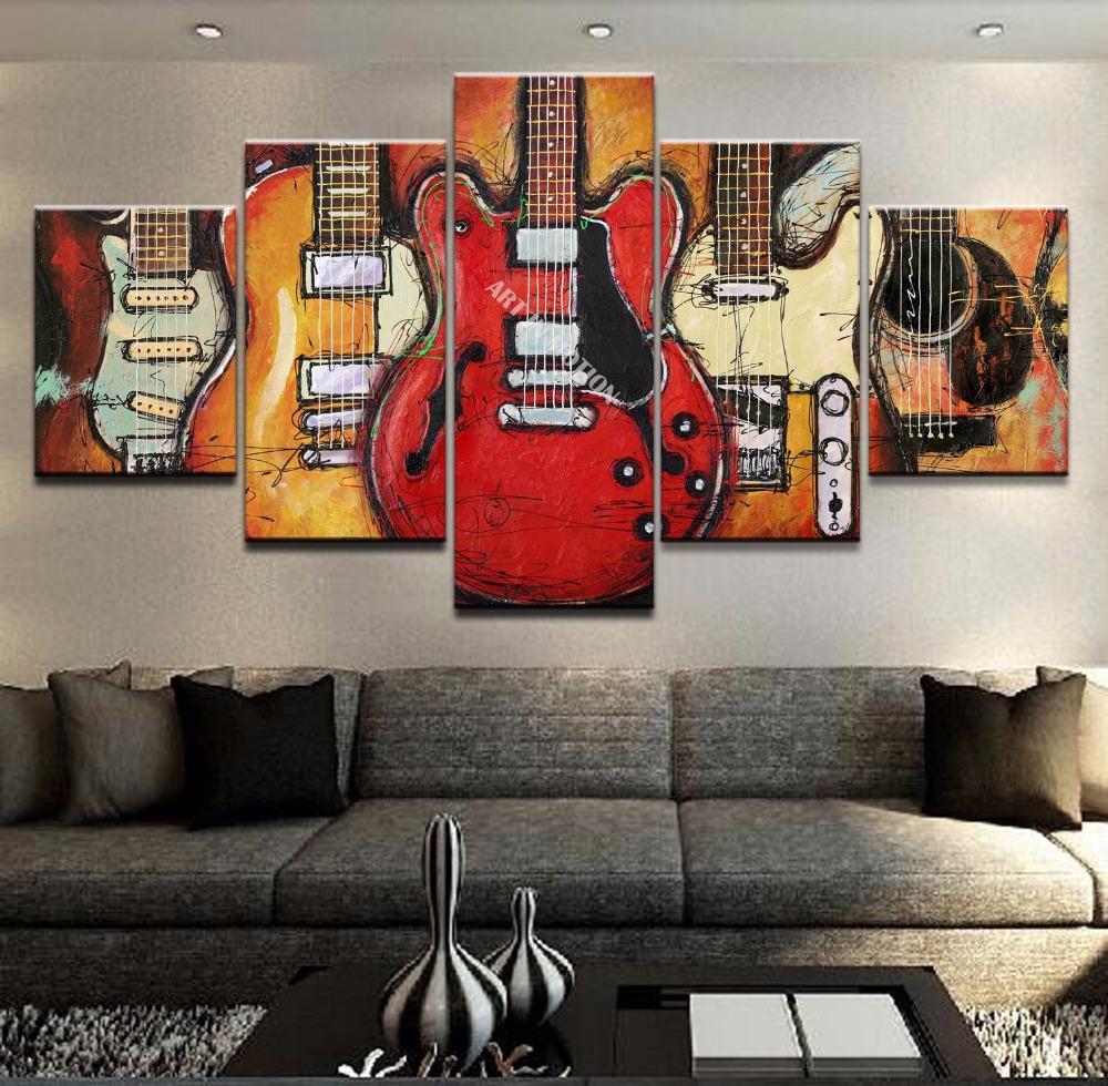 5 Piece Abstract Painting, Guitar Painting, Large Canvas Painting for Living Room, Modern Abstract Painting, Music Painting