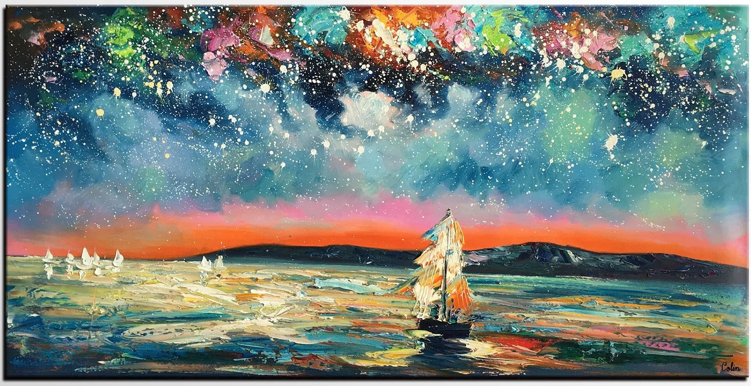 Landscape Wall Art Paintings, Starry Night Sky Painting, Original Canvas Painting, Custom Large Painting for Bedroom