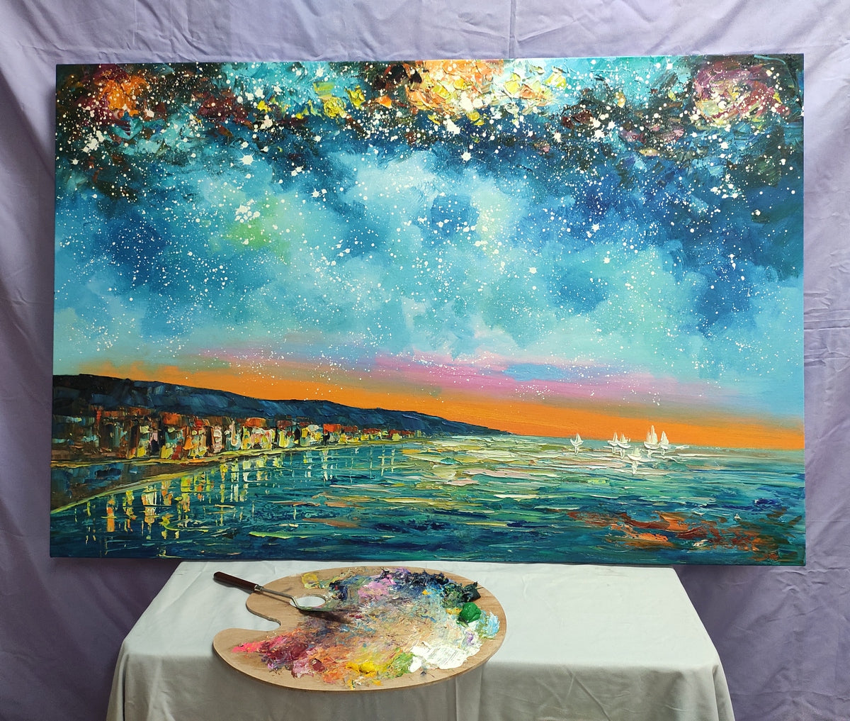 Starry Night Sky Painting, Oil Painting on Canvas, Original Landscape Paintings, Landscape Canvas Paintings, Palette Knife Paintings