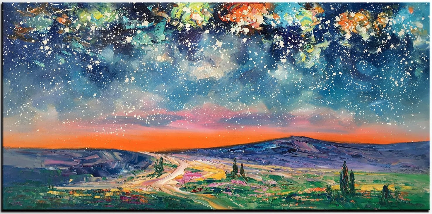 Landscape Oil Painting, Starry Night Sky Painting, Bedroom Wall Art Paintings, Custom Original Painting on Canvas