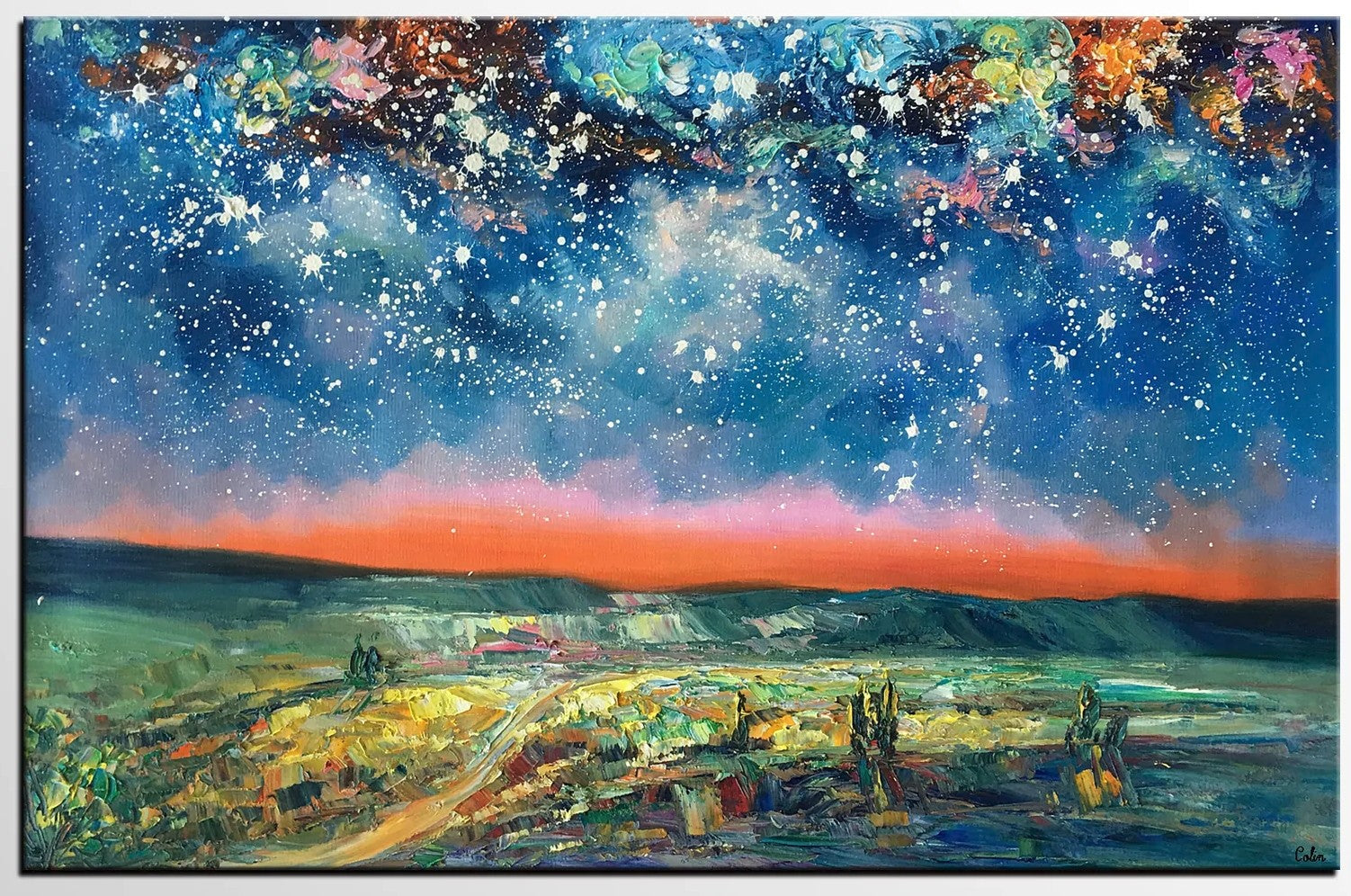 Landacape Canvas Painting, Starry Night Sky Painting, Original Landscape Painting, Heavy Texture Art Painting, Palette Knife Painting