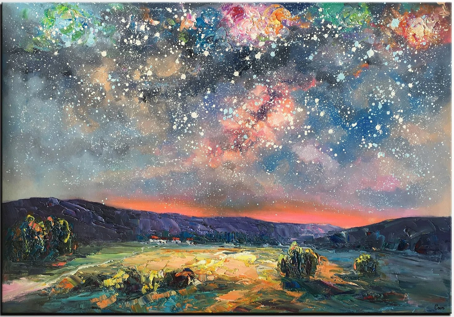 Abstract Landscape Painting, Starry Night Sky Painting, Heavy Texture Painting, Impasto Painting, Custom Wall Art Paintings for Living Room