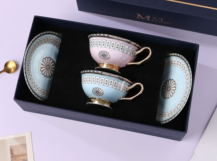 Royal Blue and Pink Bone China Porcelain Tea Cup Set, Tea Cups and Saucers in Gift Box, Elegant Ceramic Coffee Cups, Beautiful British Tea Cups