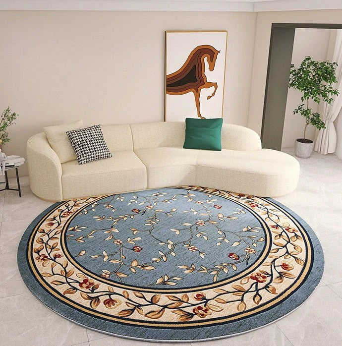 Rustic Round Area Rug for Coffee Table, Farm House Area Rugs, Dining Room Flower Pattern Area Rugs, Bedroom Floor Rugs, Large Blue Rugs for Living Room