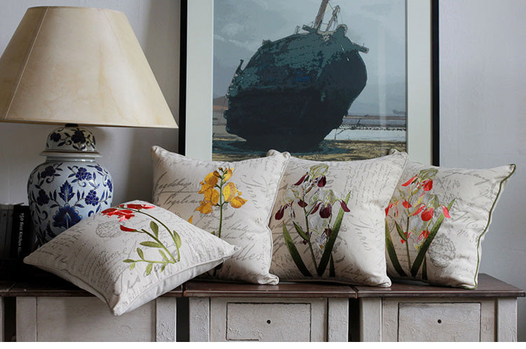 Orchid Flower Cotton and Linen Pillow Cover. Rustic Sofa Pillows for Living Room. Decorative Throw Pillows for Couch