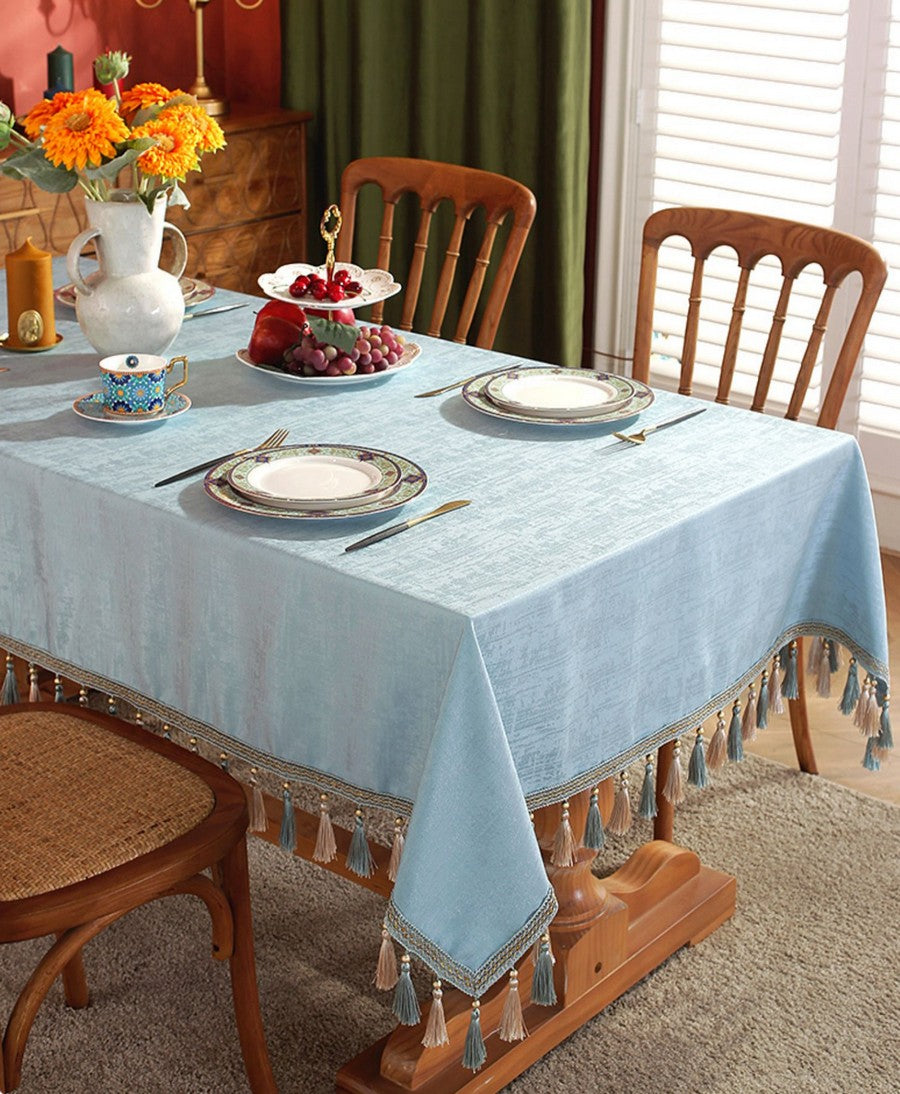 Light Blue Fringes Tablecloth for Home Decoration, Square Tablecloth for Round Table, Modern Rectangle Tablecloth, Large Simple Table Cloth for Dining Room Table