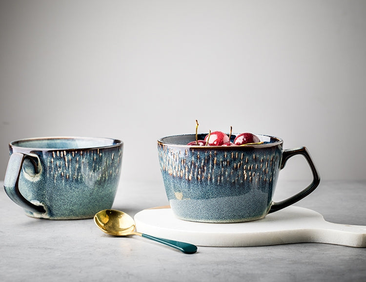Blue Ceramic Coffee Mug, Stoneware Milk Bowl, Large Capacity Coffee Cups, Birthday Gifts, Handmade Pottery Breakfast Mug