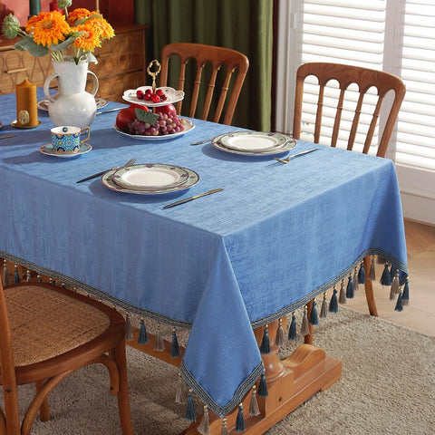 Modern Rectangle Tablecloth, Large Simple Table Cloth for Dining Room Table, Square Tablecloth for Round Table, Blue Fringes Tablecloth for Home Decoration
