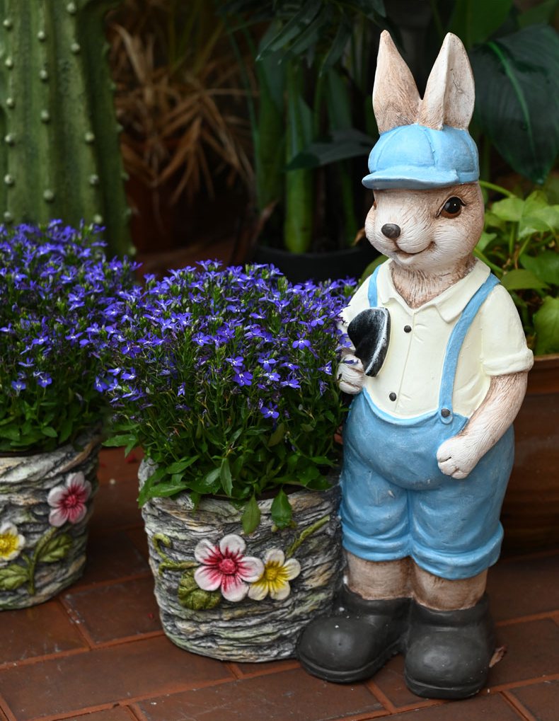 Garden Courtyard Ornament, Villa Outdoor Decor Gardening Ideas，Large Rabbit Lovers Statue for Garden, Bunny Flowerpot, Modern Garden Sculptures