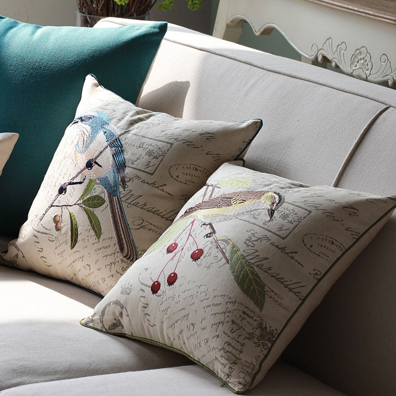 Bird Embroidery Pillows, Cotton and Linen Pillow Cover, Rustic Sofa Throw Pillows, Decorative Throw Pillows for Couch