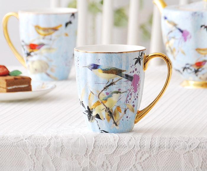 Large Creative Porcelain Mug, Elegant Ceramic Coffee Mug, Beautiful Bird Flower Ceramic Mug, Large Capacity Ceramic Mugs for Office