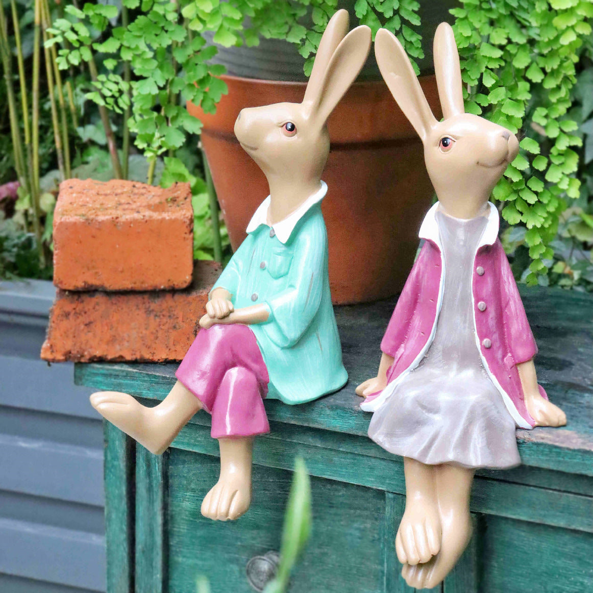 Sitting Rabbit Lovers Statue for Garden, Beautiful Garden Courtyard Ornaments, Villa Outdoor Decor Gardening Ideas, Unique Modern Garden Sculptures