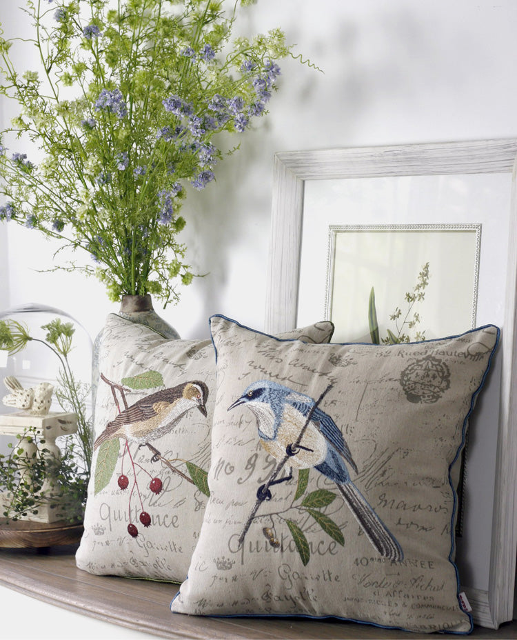 Rustic Sofa Throw Pillows. Bird Embroidery Pillows. Cotton and Linen Pillow Cover. Decorative Throw Pillows for Couch