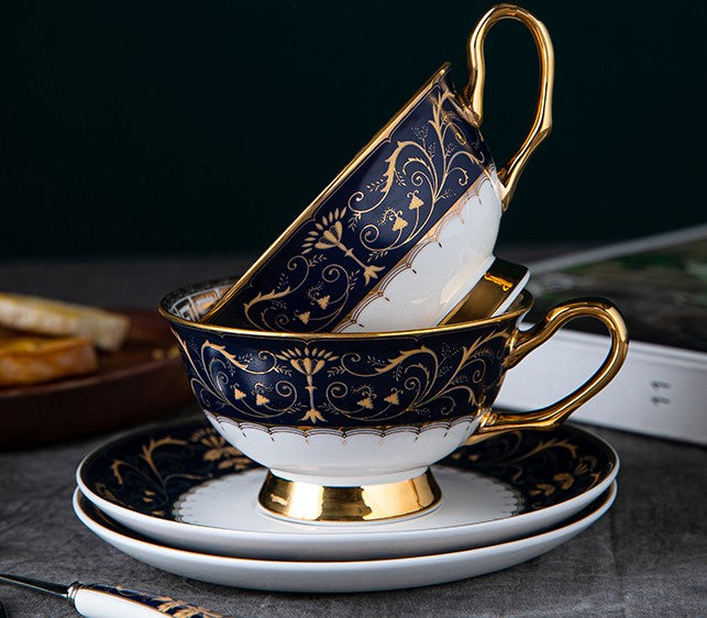 Blue Bone China Porcelain Tea Cup Set, British Royal Ceramic Cups