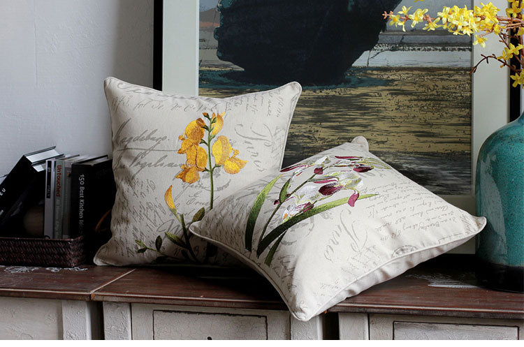Orchid Flower Cotton and Linen Pillow Cover. Rustic Sofa Pillows for Living Room. Decorative Throw Pillows for Couch