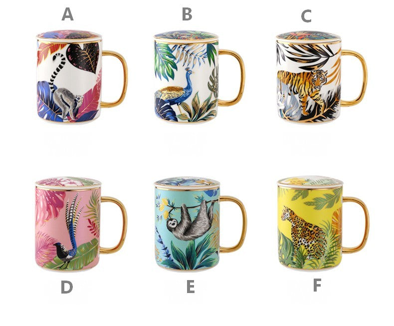 Jungle Animal Porcelain Cups. Creative Tea Cups and Saucers. Unique Coffee Cups with Gold Trim and Gift Box