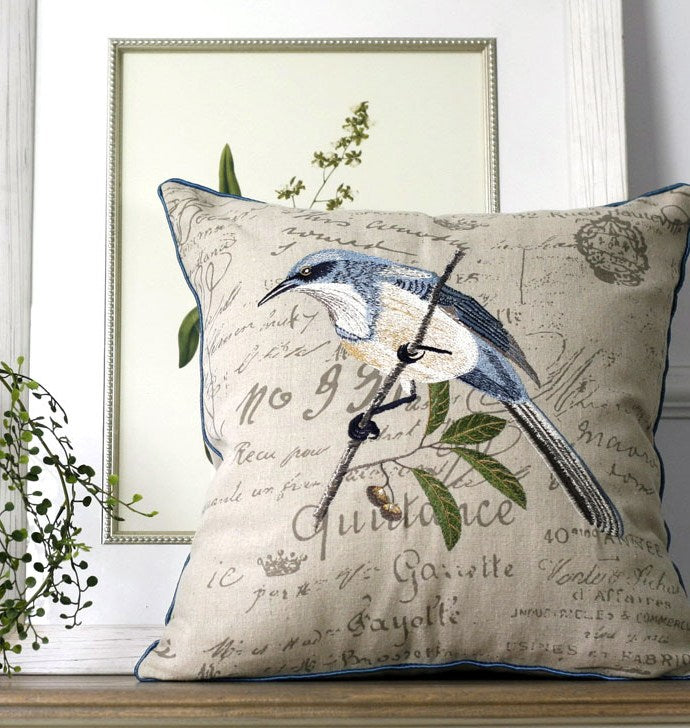 Bird Embroidery Pillows. Cotton and Linen Pillow Cover. Rustic Sofa Throw Pillows. Decorative Throw Pillows for Couch