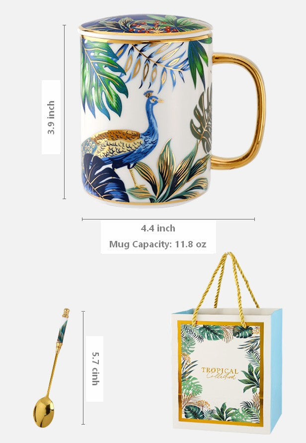 Jungle Animal Porcelain Cups. Creative Tea Cups and Saucers. Unique Coffee Cups with Gold Trim and Gift Box
