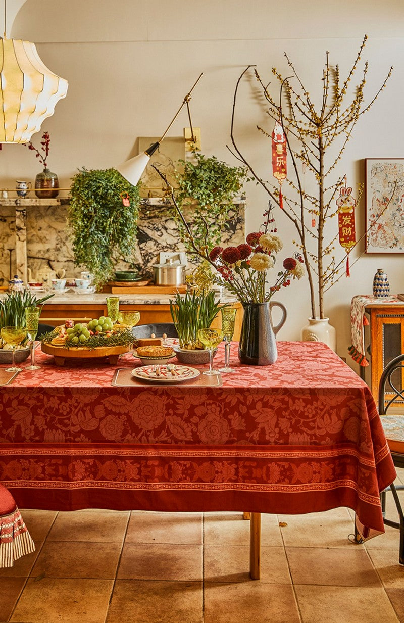 Long Rectangle Tablecloth for Dining Room Table, Christmas Table Cloth, Wedding Tablecloth, Red Flower Pattern Tablecloth for Home Decoration, Square Tablecloth