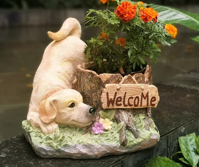 Large Dog Flowerpot. Unique Resin Statue for Garden. Villa Outdoor Decor Gardening Ideas. Creative Modern Statue for Garden Ornaments