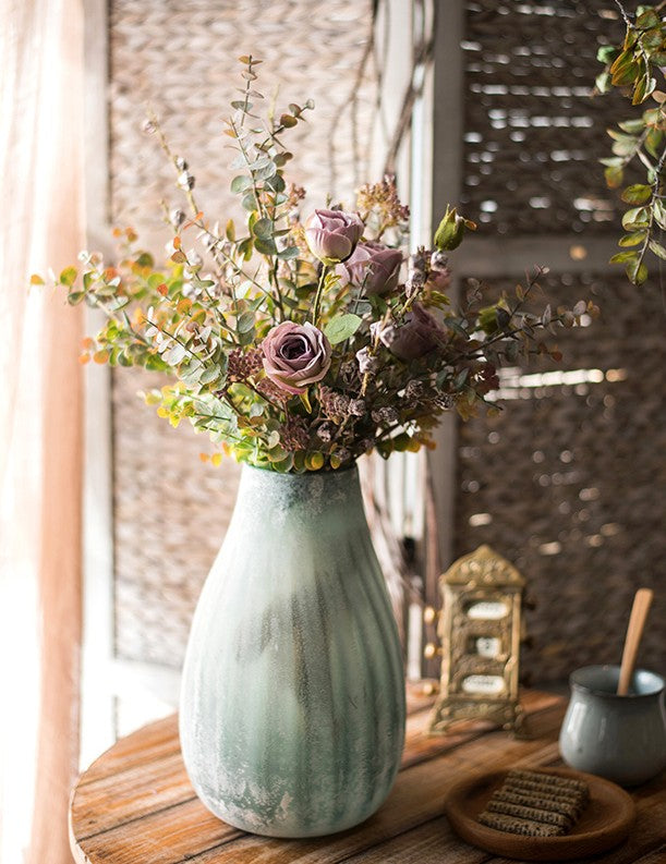 Artificial Floral for Bedroom. Bunch of Purple Rose Flowers. Eucalyptus globulus. Botany Plants. Creative Flower Arrangement Ideas for Home Decoration