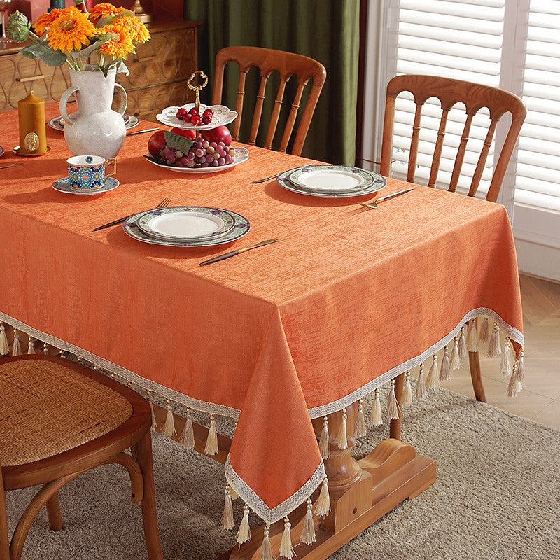 Modern Rectangle Tablecloth, Large Simple Table Cover for Dining Room Table, Orange Fringes Tablecloth for Home Decoration, Square Tablecloth for Round Table