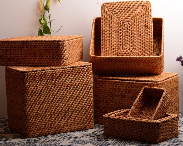 Extra Large Woven Rattan Storage Basket for Bedroom, Rattan Storage Baskets, Rectangular Woven Basket with Lid, Storage Baskets for Shelves