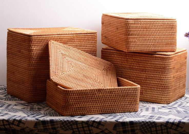Extra Large Woven Rattan Storage Basket for Bedroom, Rattan Storage Baskets, Rectangular Woven Basket with Lid, Storage Baskets for Shelves