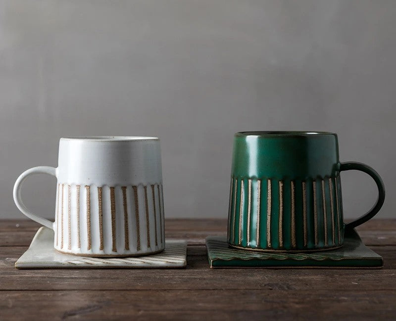 Beautiful Large Ceramic Coffee Mugs, Unique Cappuccinos Coffee Cups, Creative Handmade Ceramic Mugs, Pottery Coffee Cup, Green, White Coffee Cups