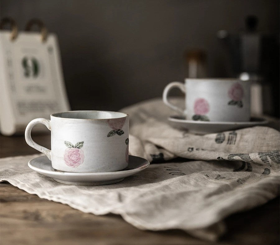 Cappuccino Coffee Mug, Rose Flower Pattern Coffee Cup, Tea Cup, Pottery Coffee Cups, Coffee Cup and Saucer Set
