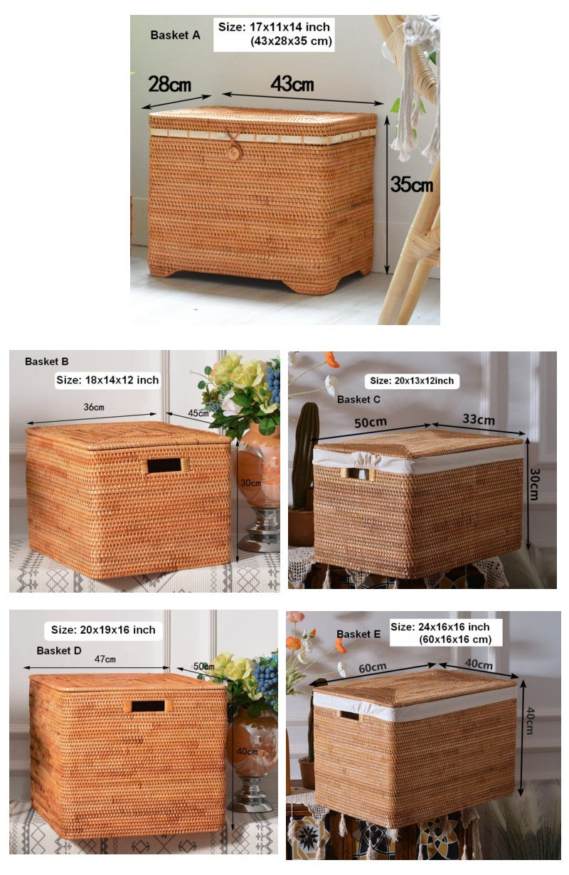 Large Rectangular Storage Basket with Lid, Rattan Storage Case, Storage Baskets for Bedroom, Woven Storage Basket