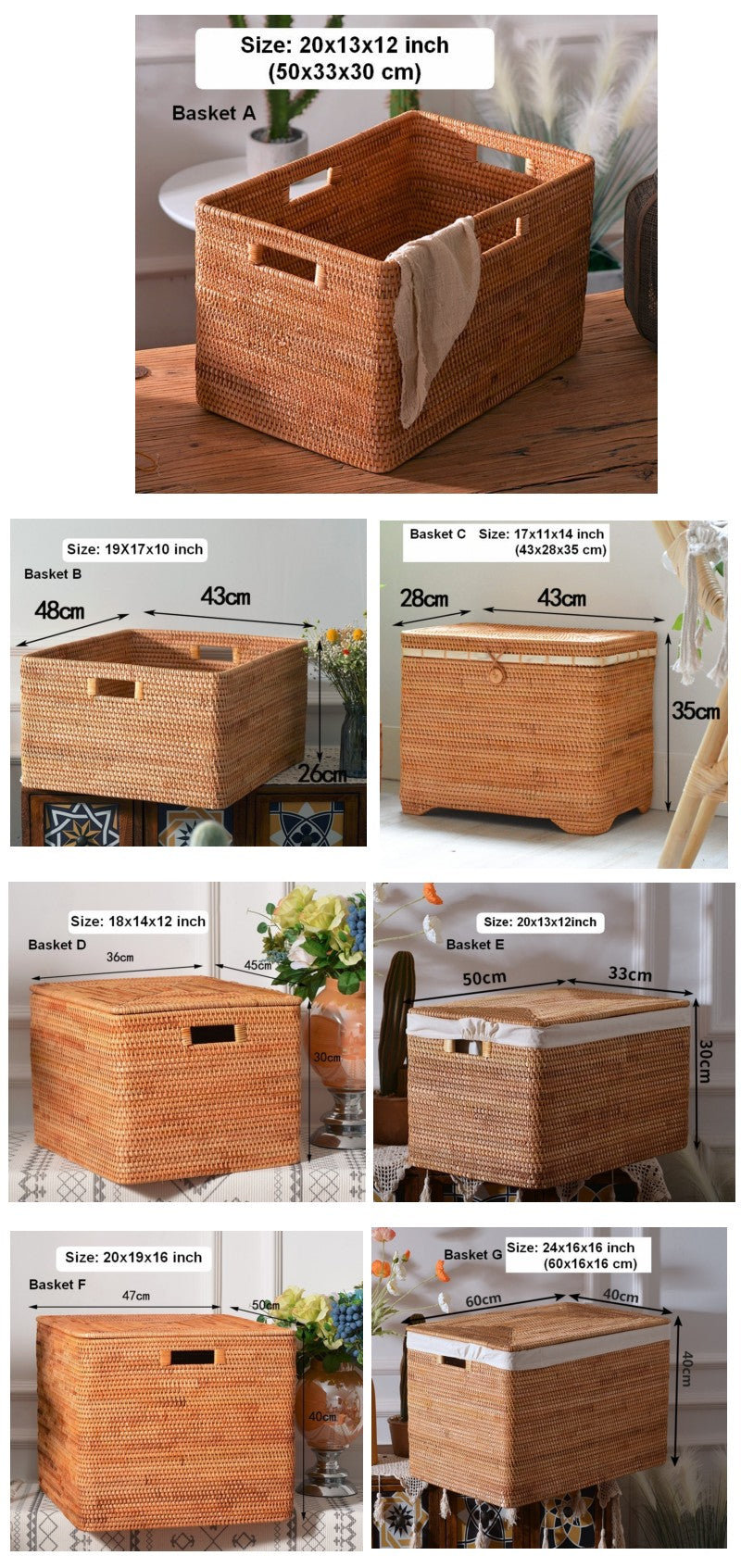 Large Laundry Storage Basket for Clothes, Rattan Basket, Rectangular Storage Basket, Storage Baskets for Bedroom