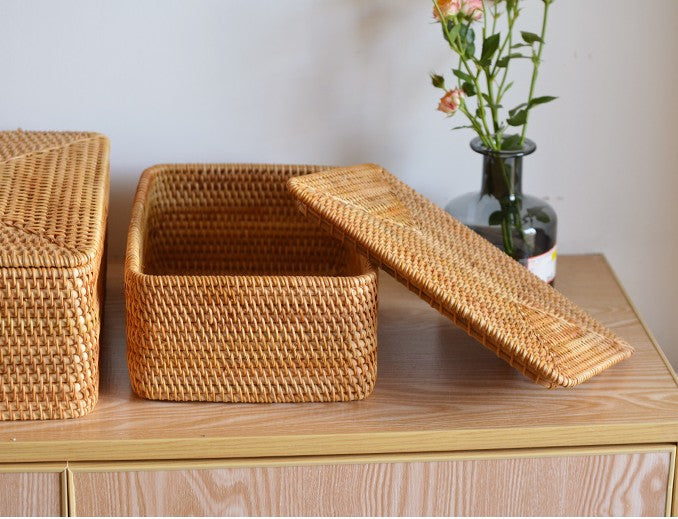 Storage Baskets with Lid, Rectangular Storage Baskets, Storage Baskets for Clothes, Pantry Storage Baskets, Rattan Woven Storage Basket