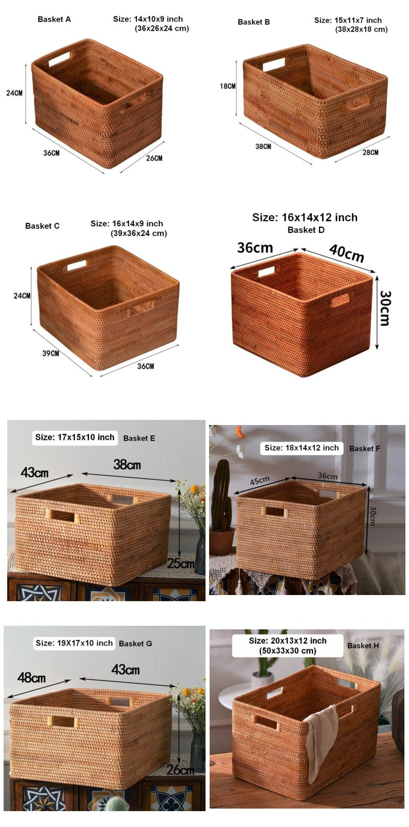 Rectangular Storage Basket, Woven Storage Baskets, Rattan Storage Basket for Clothes, Storage Baskets for Bathroom, Kitchen Storage Basket