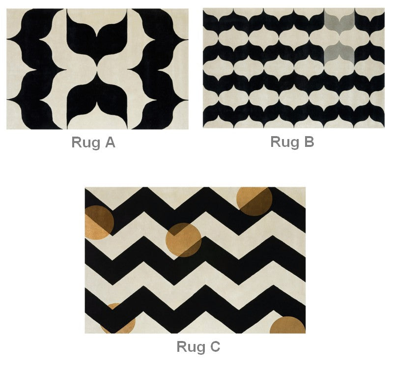 Large Black and White Geometric Modern Rugs for Dining Room, Mid Century Modern Rugs for Living Room, Contemporary Wool Rugs under Dining Room Table