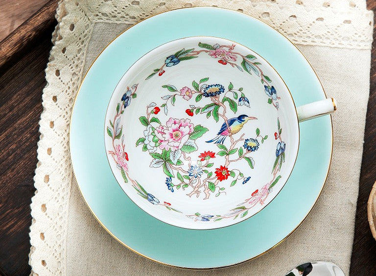Elegant Sky Green Ceramic Cups. Unique Royal Coffee Cup and Saucer. Creative Bone China Porcelain Tea Cup Set. Beautiful British Tea Cups