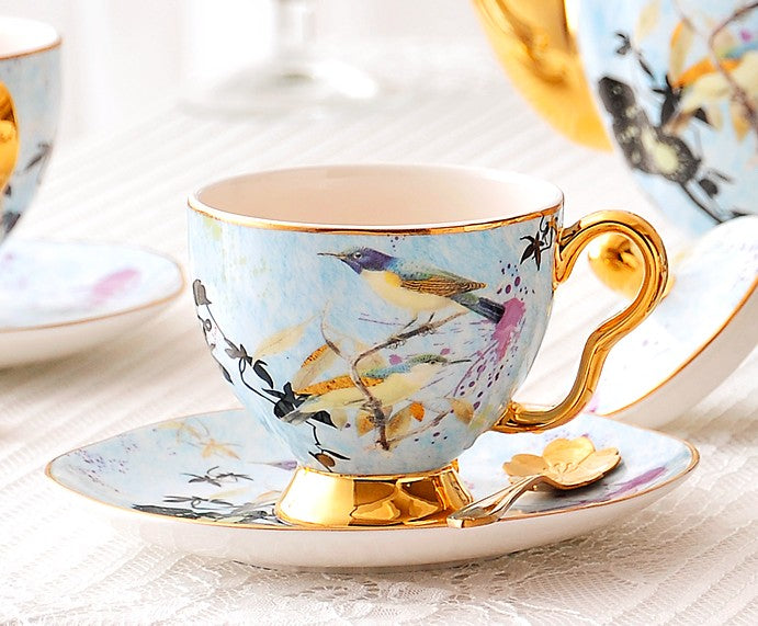 Elegant Ceramic Coffee Cups. Unique Bird Flower Tea Cups and Saucers in Gift Box as Birthday Gift. Beautiful British Tea Cups. Royal Bone China Porcelain Tea Cup Set