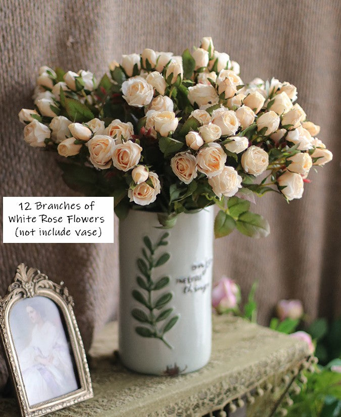 Wedding Artificial Flowers. 12 Branches of White Rose Flowers. White Rose Flower in Vase. Real Touch Flowers. Simple Flower Arrangement Ideas for Home Decoration