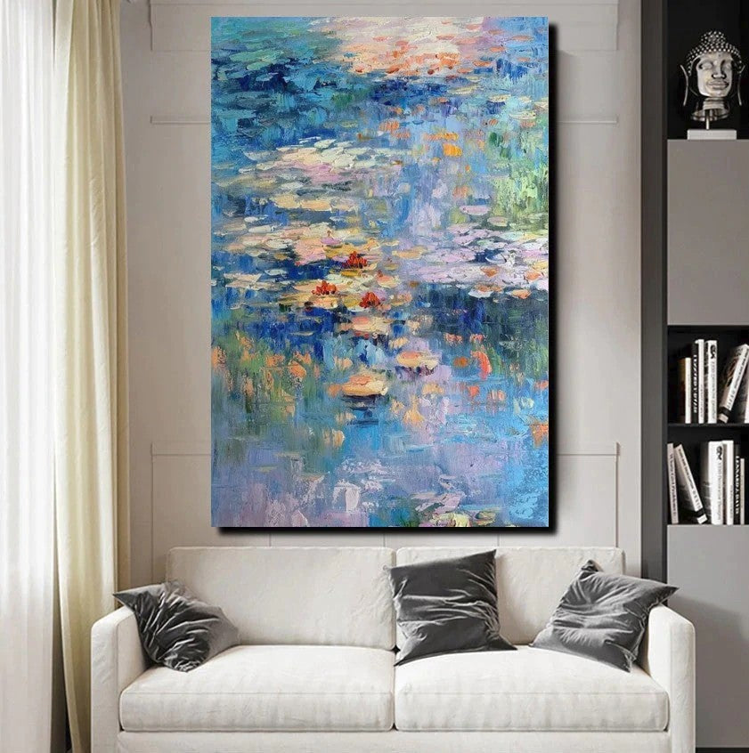 Acrylic Paintings on Canvas, Large Paintings for Bedroom, Landscape Painting for Living Room, Water Lily Paintings, Palette Knife Paintings