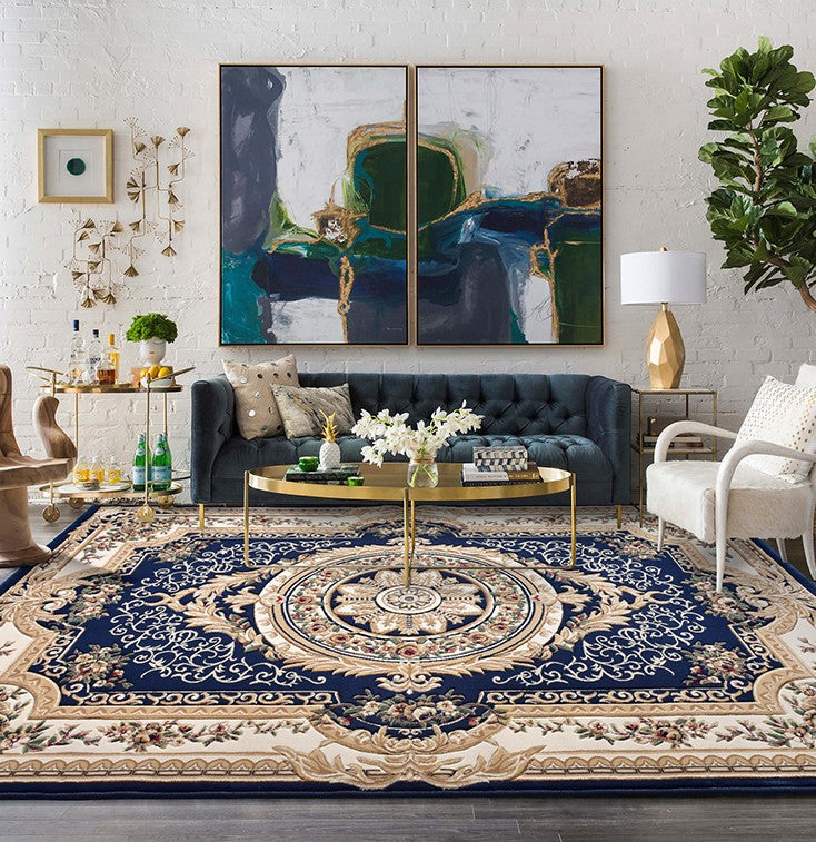 Luxury Thick Blue Area Rugs for Bedroom, Large Thick and Soft Flower Pattern Floor Rugs for Farmhouse, Oversized Soft Floor Carpets for Living Room