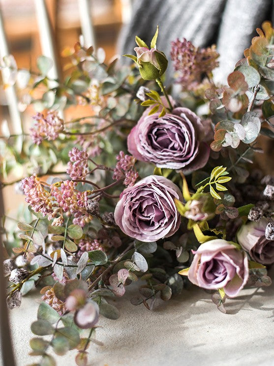 Artificial Floral for Bedroom. Bunch of Purple Rose Flowers. Eucalyptus globulus. Botany Plants. Creative Flower Arrangement Ideas for Home Decoration