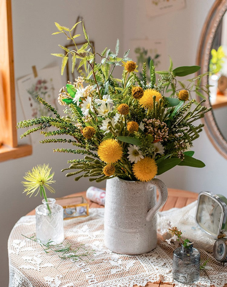 Beautiful Modern Artificial Flowers for Dining Room Table, Dandelion, Wheat Branch, Eucalyptus Globulus, Unique Flower Arrangement for Home Decoration