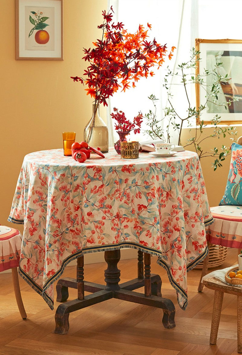 Autumn Cherry Fruit Tablecloth for Home Decoration, Country Farmhouse Tablecloth, Large Rectangle Tablecloth for Dining Room Table, Square Tablecloth for Round Table