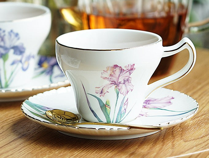 Iris Flower British Tea Cups. Beautiful Bone China Porcelain Tea Cup Set. Traditional English Tea Cups and Saucers. Unique Ceramic Coffee Cups in Gift Box