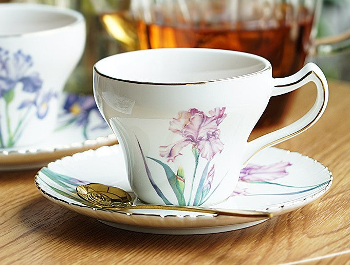 Iris Flower British Tea Cups, Beautiful Bone China Porcelain Tea Cup Set, Traditional English Tea Cups and Saucers, Unique Ceramic Coffee Cups in Gift Box