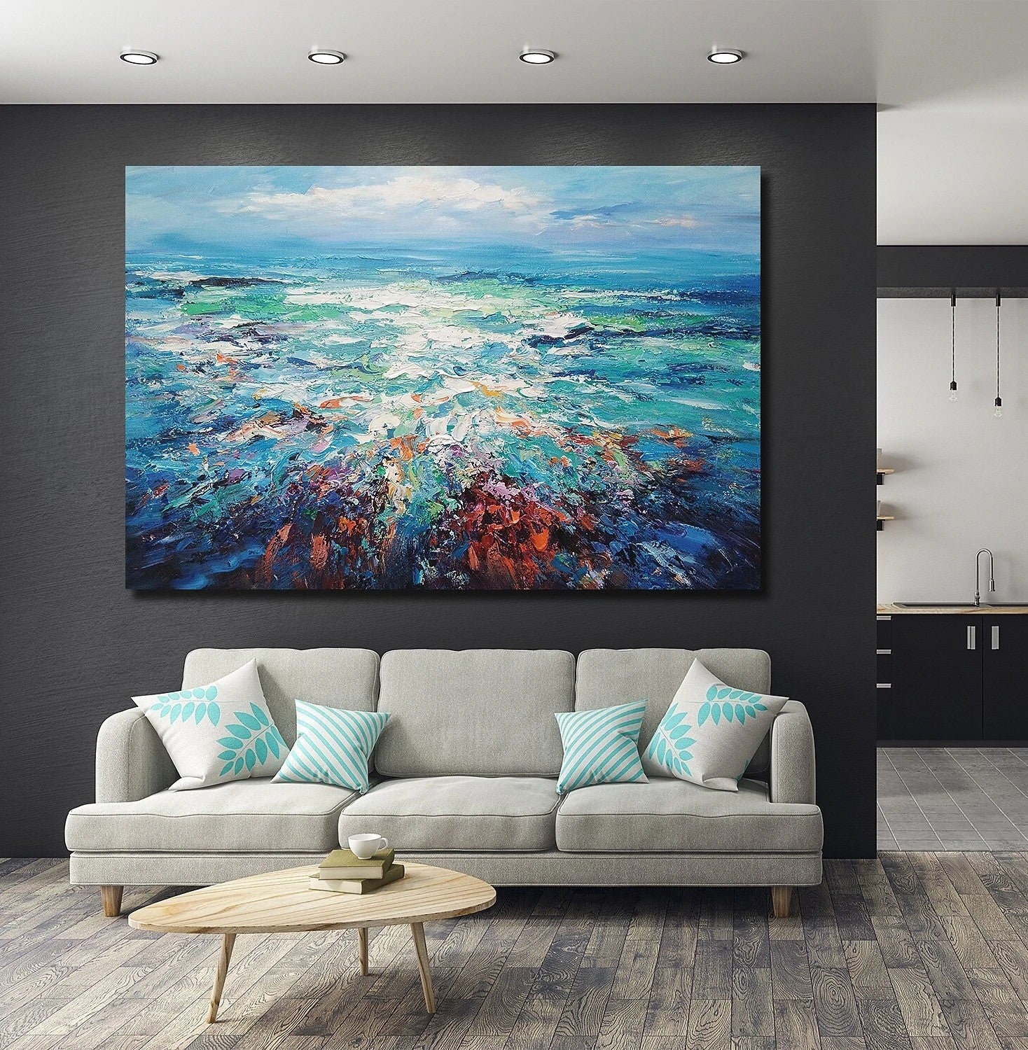 Abstract Landscape Paintings, Blue Sea Wave Painting, Landscape Canvas Paintings, Seascape Painting, Landscape Paintings for Living Room, Heavy Texture Canvas Art