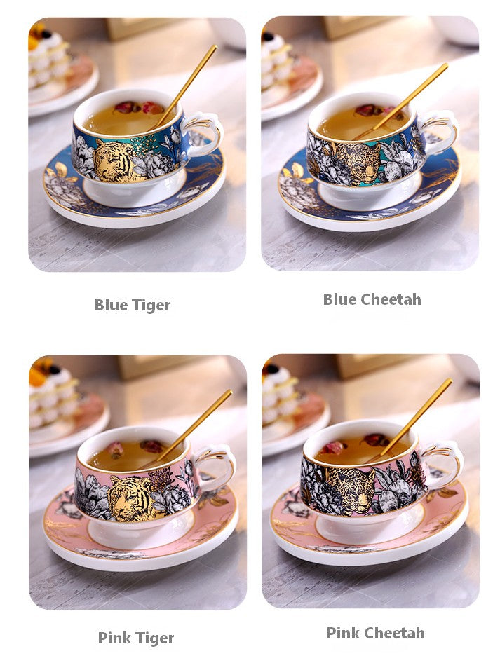 Unique Ceramic Cups with Gold Trim and Gift Box. Creative Ceramic Tea Cups and Saucers. Jungle Tiger Cheetah Porcelain Coffee Cups