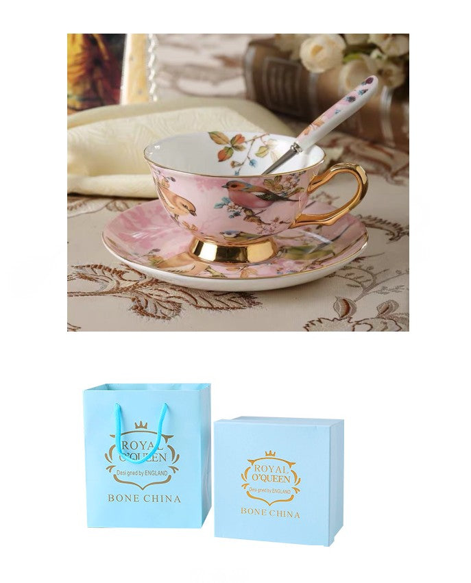 Elegant Ceramic Coffee Cups. Beautiful British Tea Cups. Bird Bone China Porcelain Tea Cup Set. Tea Cups and Saucers in Gift Box as Birthday Gift