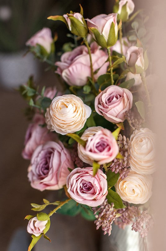 Artificial Floral for Dining Room Table. Bunch of Rose Flowers. Botany Plants. Creative Flower Arrangement Ideas for Home Decoration. Wedding Flowers