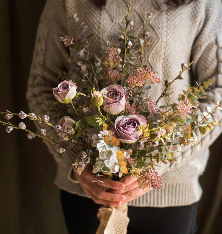 Artificial Floral for Bedroom. Bunch of Purple Rose Flowers. Eucalyptus globulus. Botany Plants. Creative Flower Arrangement Ideas for Home Decoration
